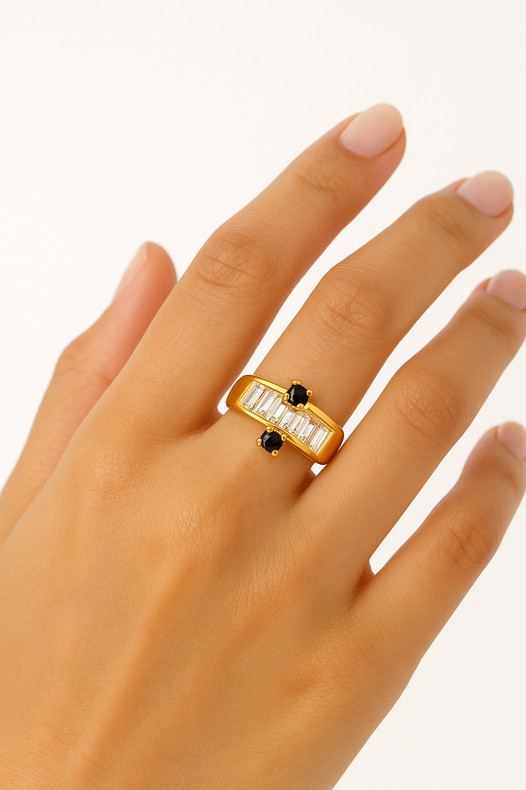 Gold Plated Ring with Black Stones & Baguette Cut Zircon – Elegant Adjustable Women’s Jewelry