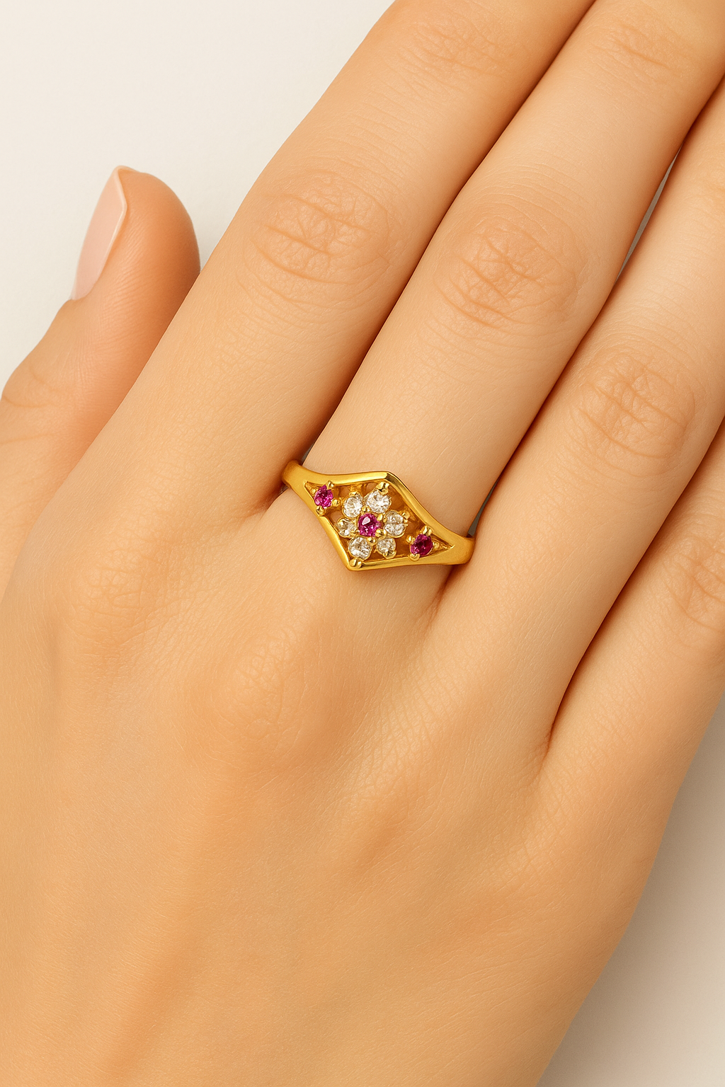 Gold Plated Ruby & Diamond Design Ring – Elegant Women’s Adjustable Jewelry