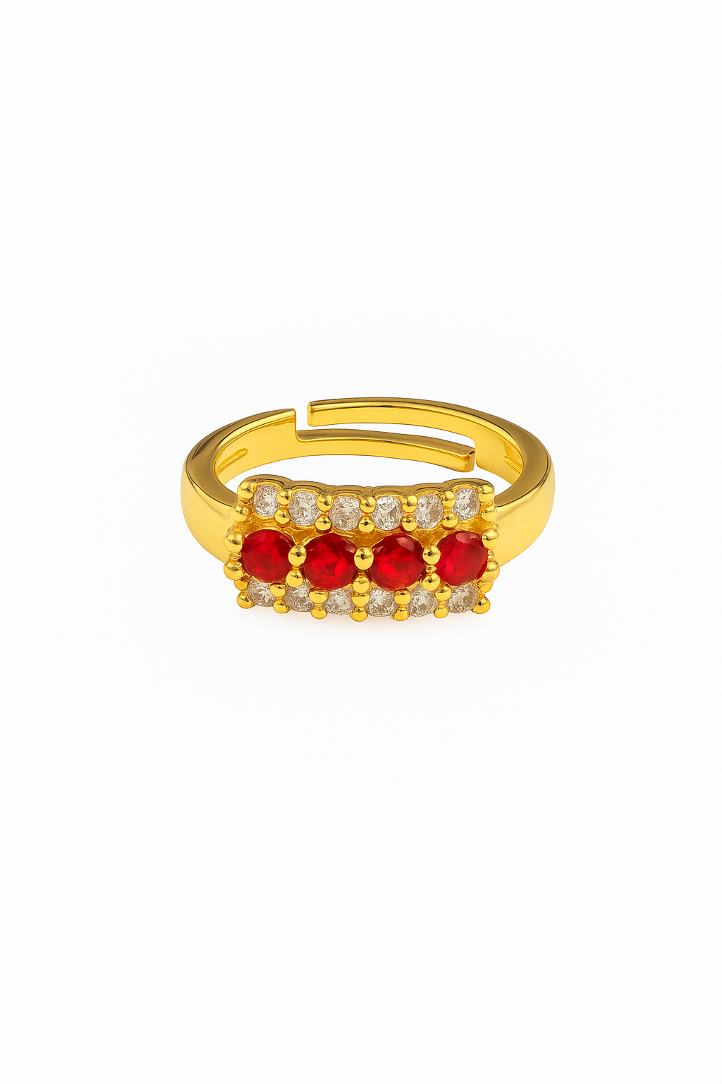 Elegant Gold Adjustable Ring with Red Ruby & White CZ Stones