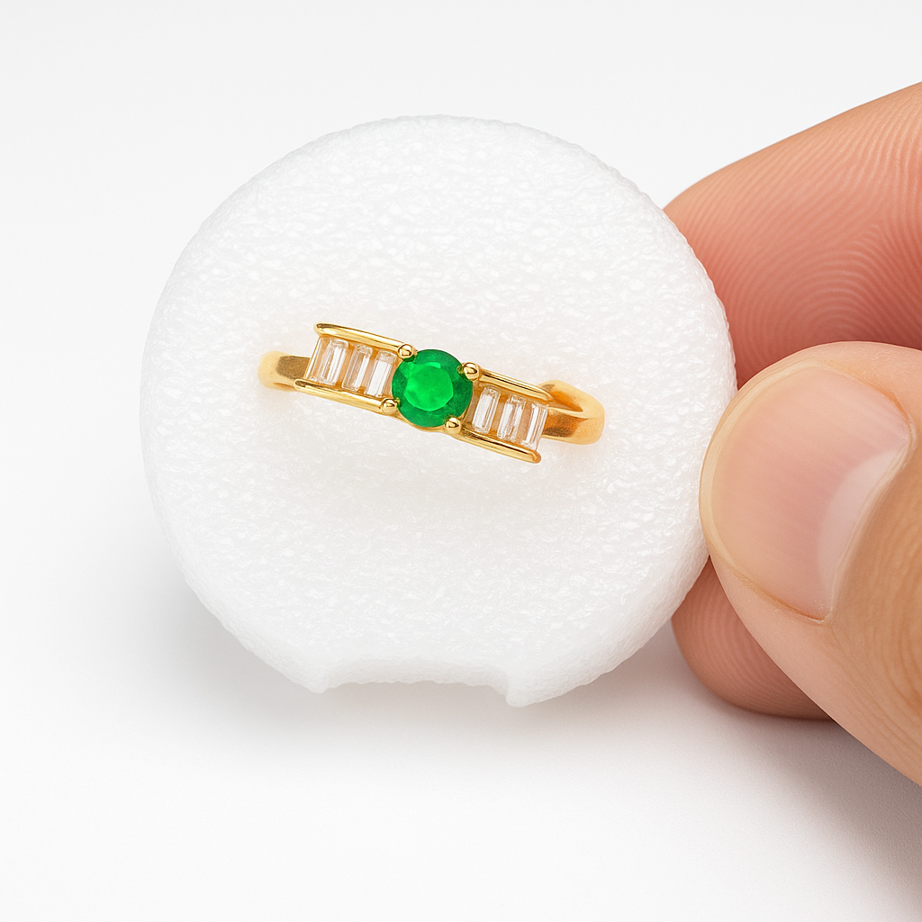 Elegant Gold-Plated Adjustable Ring with Green Emerald Stone & Baguette Accents – Women’s Fashion Jewelry