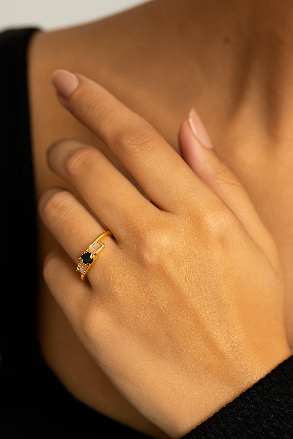 ✨ 18K Gold Plated Adjustable Ring with Black Stone & Baguette Crystals – Elegant Women’s Jewelry