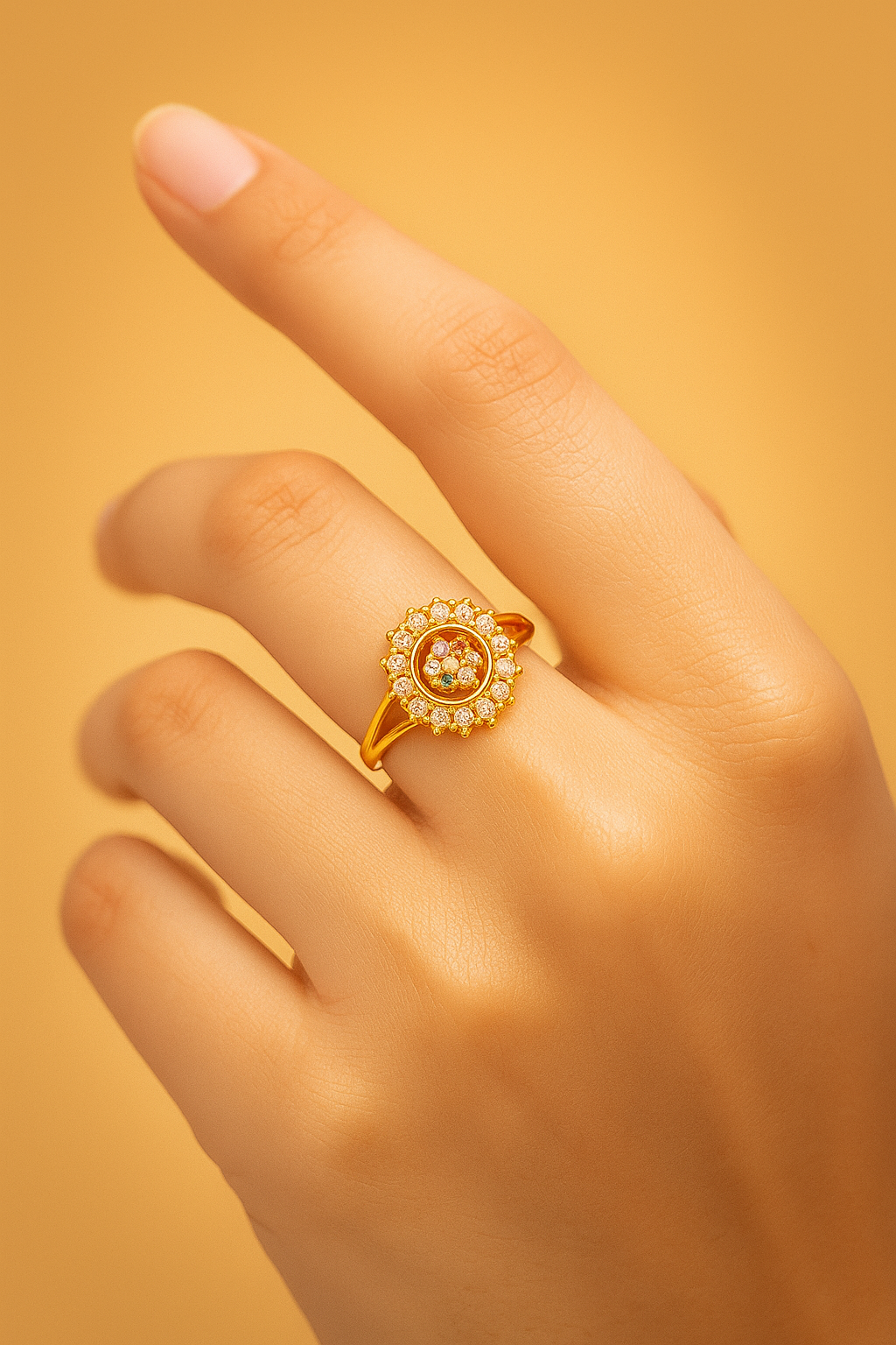Elegant Gold Halo Ring with Multicolor Stones & Diamond Accents