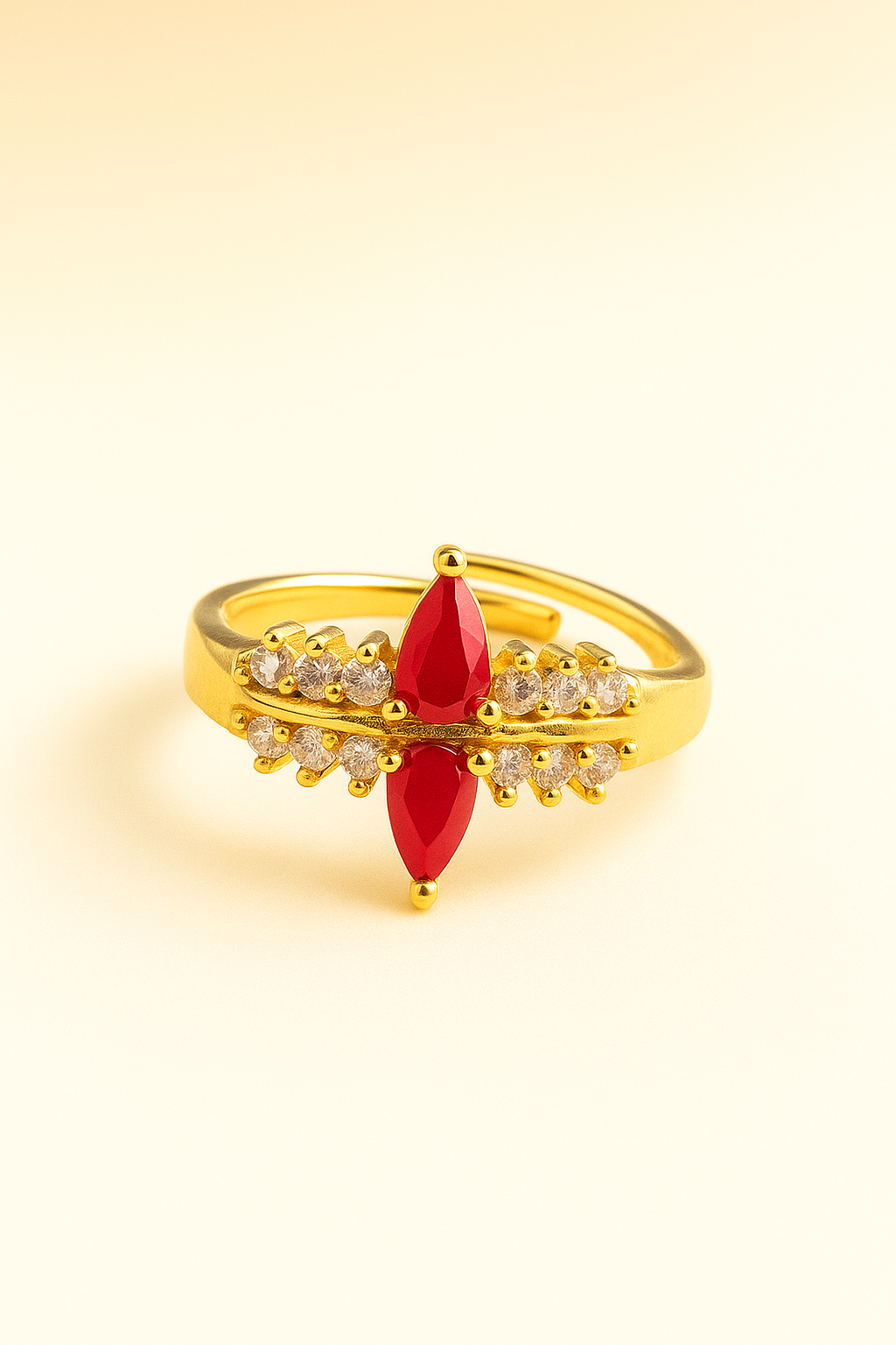 Gold-Plated Ring with Red Ruby & Sparkling CZ Stones – Elegant Women’s Jewelry