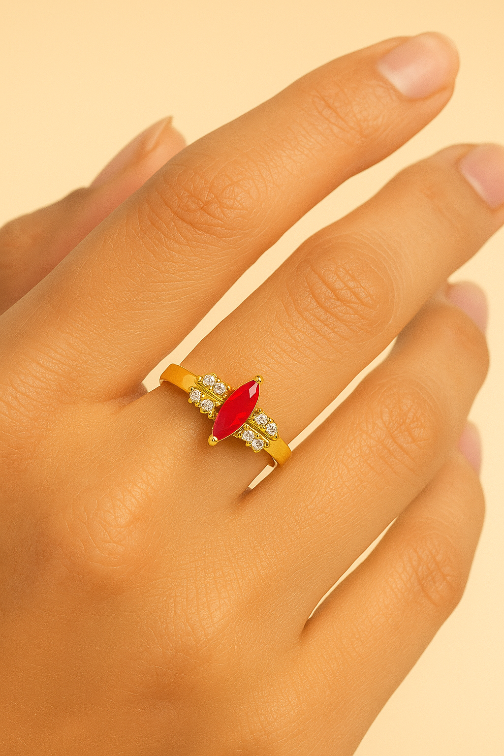 Gold-Plated Ring with Red Ruby & Sparkling CZ Stones – Elegant Women’s Jewelry