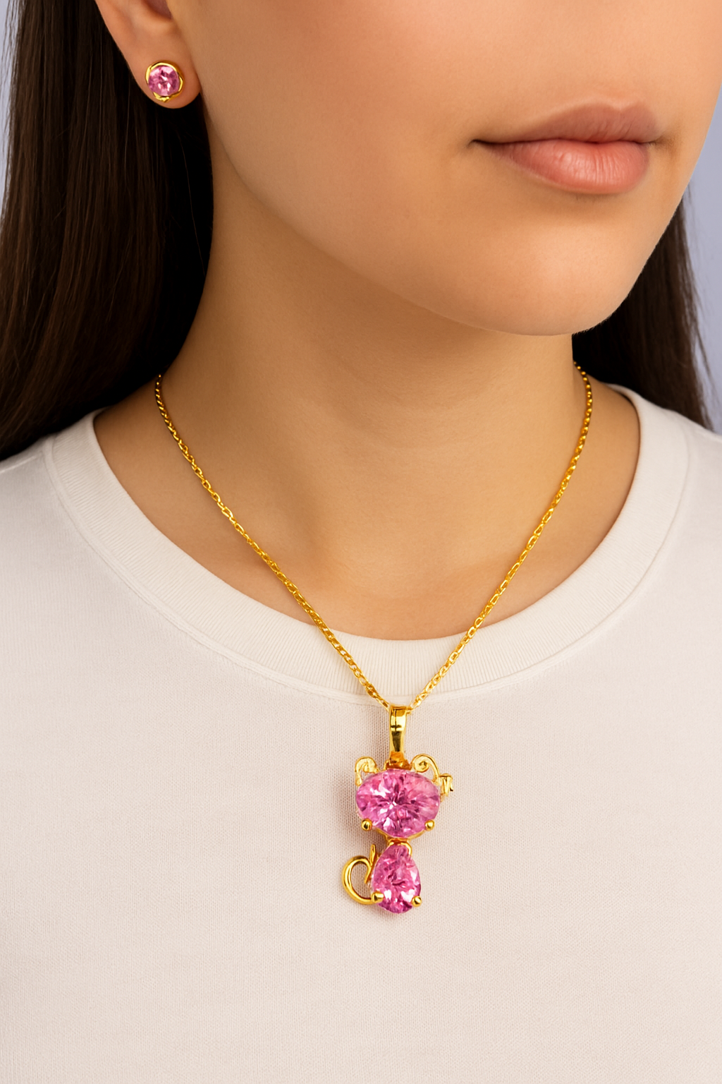 Gold Plated Cat Pendant Necklace with Pink Gemstone & Earrings