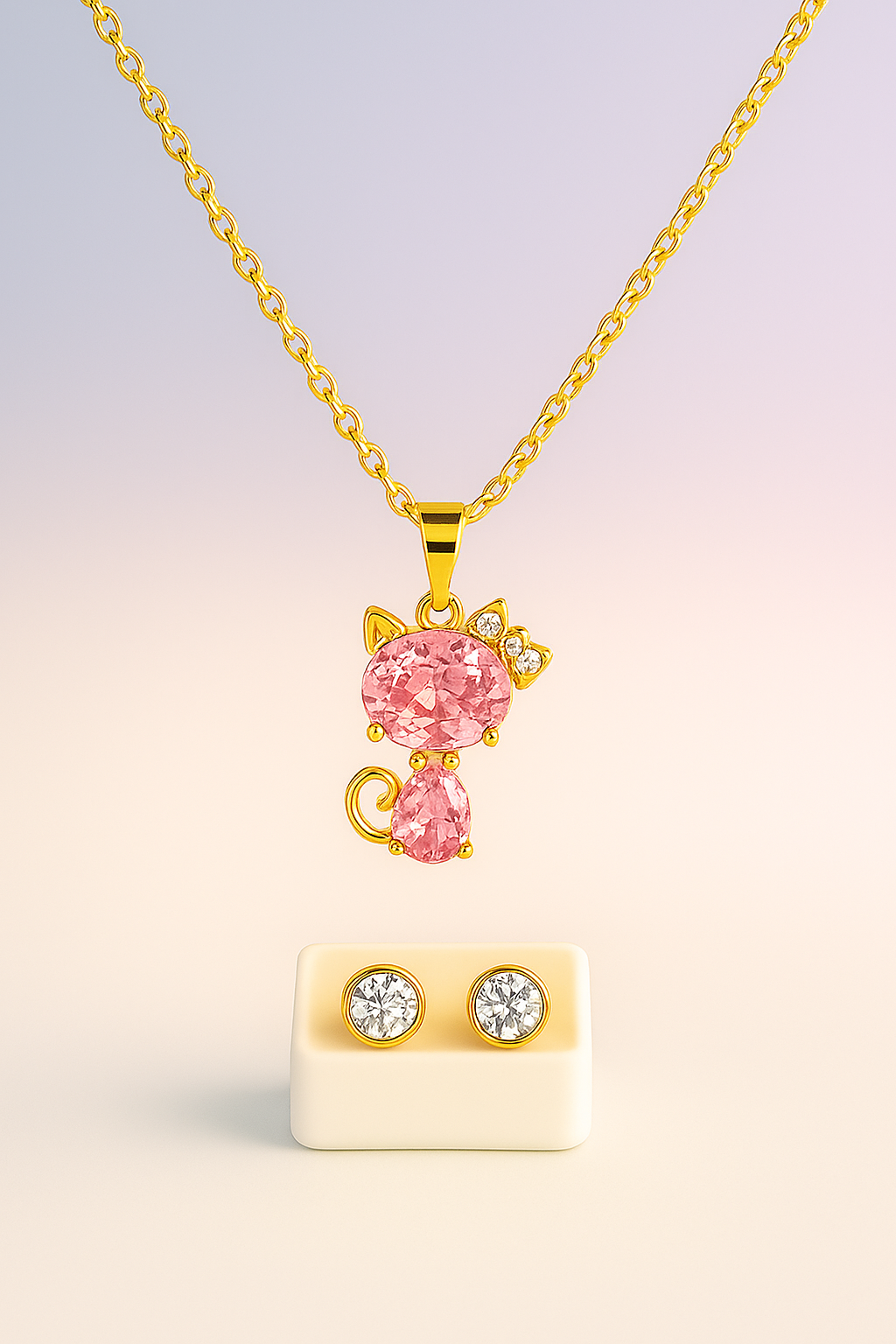 Gold Plated Cat Pendant Necklace with Pink Gemstone & Earrings