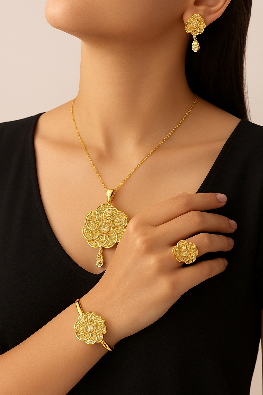 uxury Gold-Plated Floral Jewelry Set – Necklace, Earrings, Ring & Bracelet