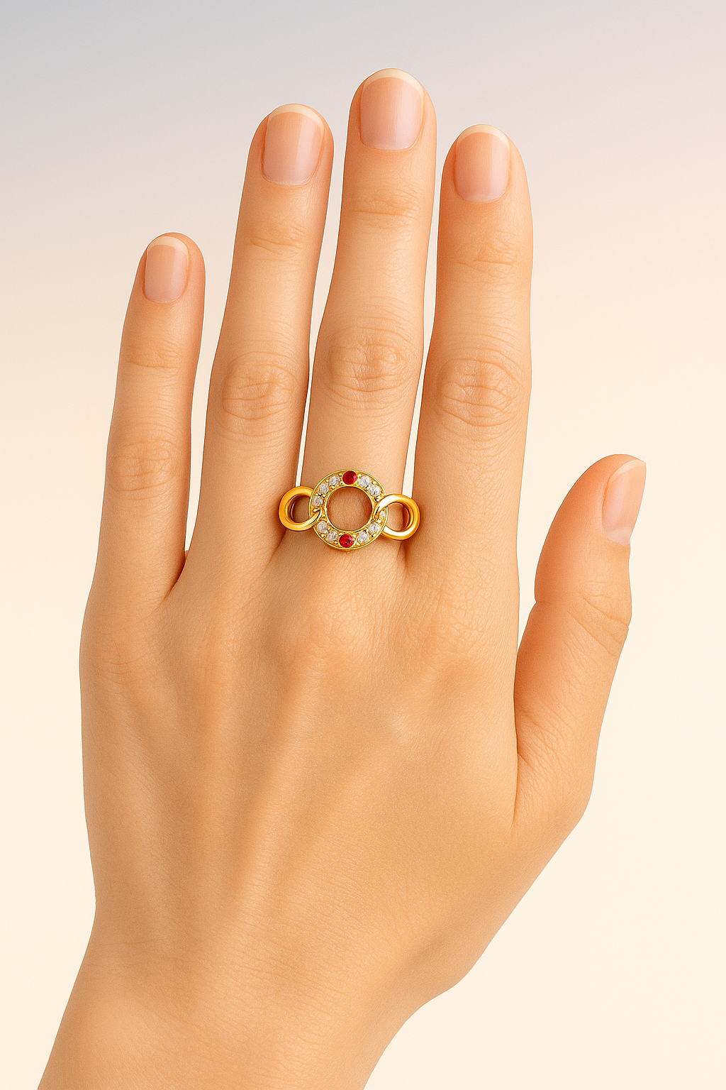 ✨ Elegant Gold Infinity Ring with Red Gemstones & Diamond Finish