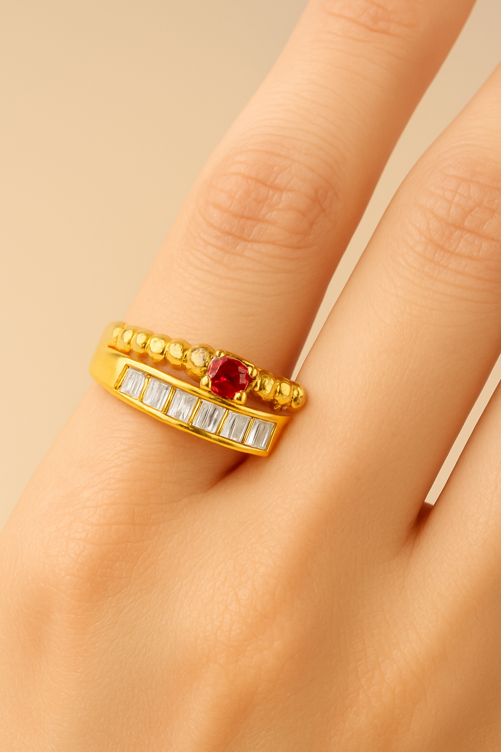 Elegant Gold Plated Ring with Red Stone & White Crystals – Adjustable Women’s Jewelry