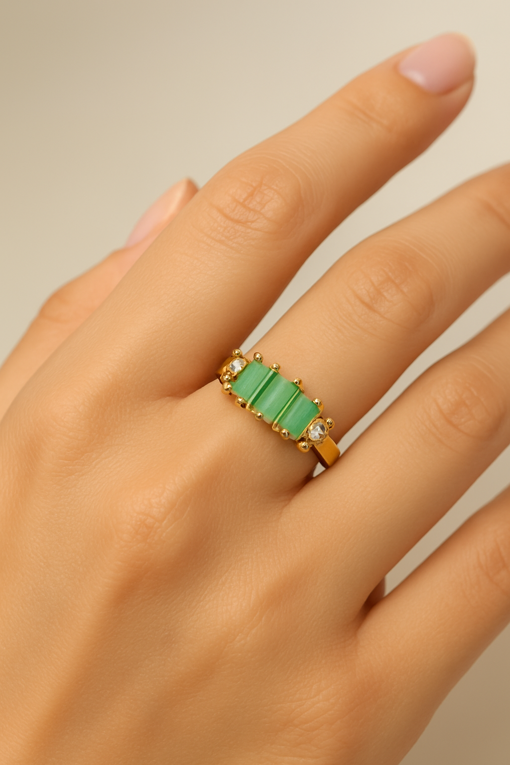 Gold Plated Green Stone Ring – Elegant Women’s Fashion Jewelry