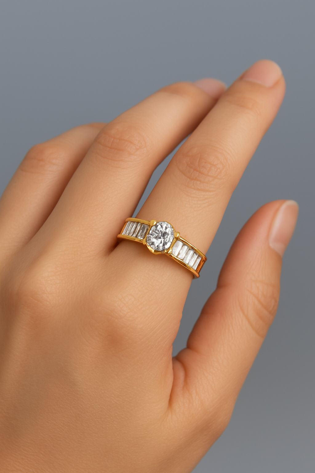 💍 Elegant Gold Plated Ring with Round & Baguette Stones – Women’s Jewelry