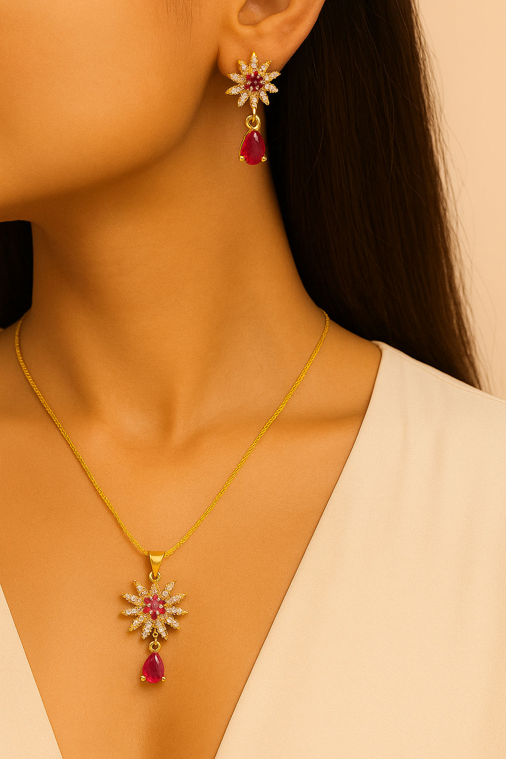 Gold Plated Ruby & CZ Starburst Necklace Set – Elegant Women’s Jewelry