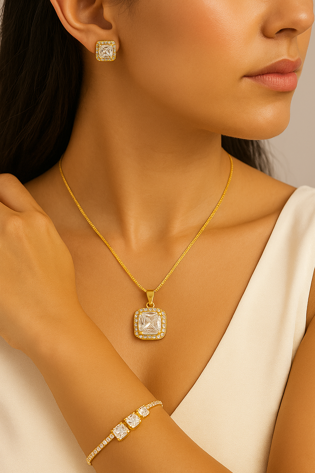 Luxury Gold-Plated Jewelry Set with Square Zircon Stones – Necklace, Earrings & Bracelet for Women