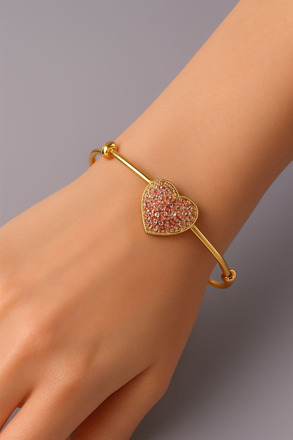 Gold Heart Bangle Bracelet – Elegant Adjustable Jewelry with Crystal Accents
