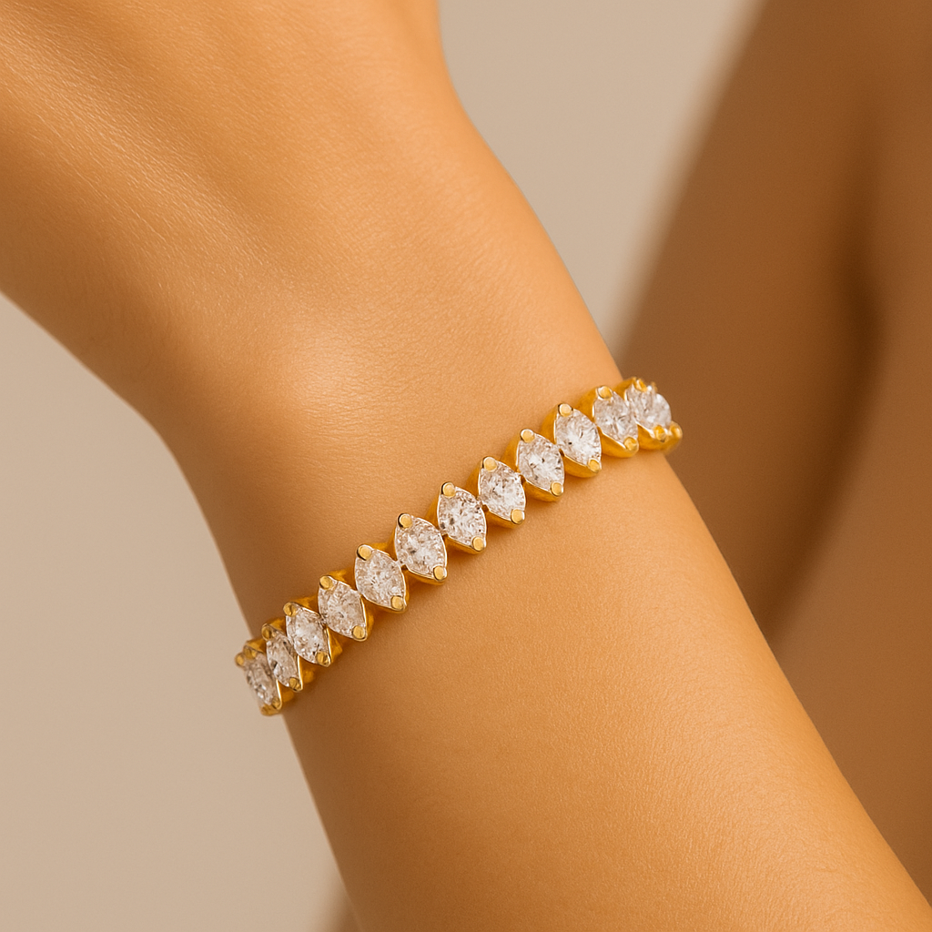 Luxury Gold-Plated Diamond Tennis Bracelet – Elegant CZ Marquise Cut Design