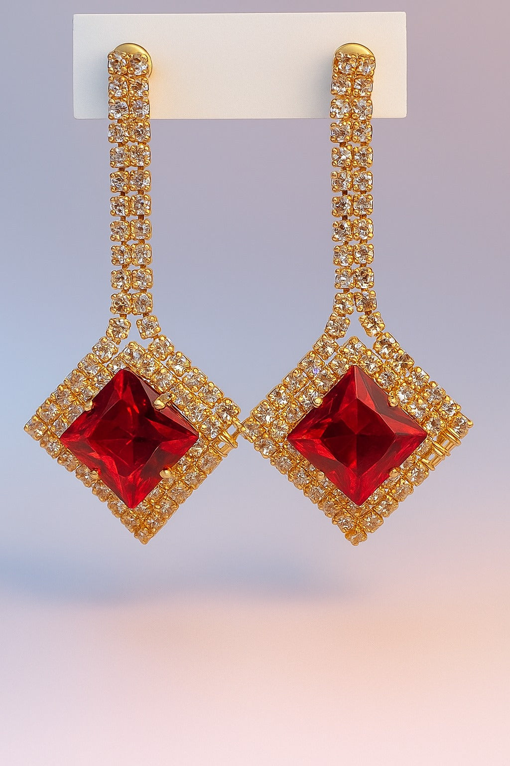 Luxury Gold-Plated Ruby Drop Earrings – Women’s Statement Jewelry with Sparkling Crystals
