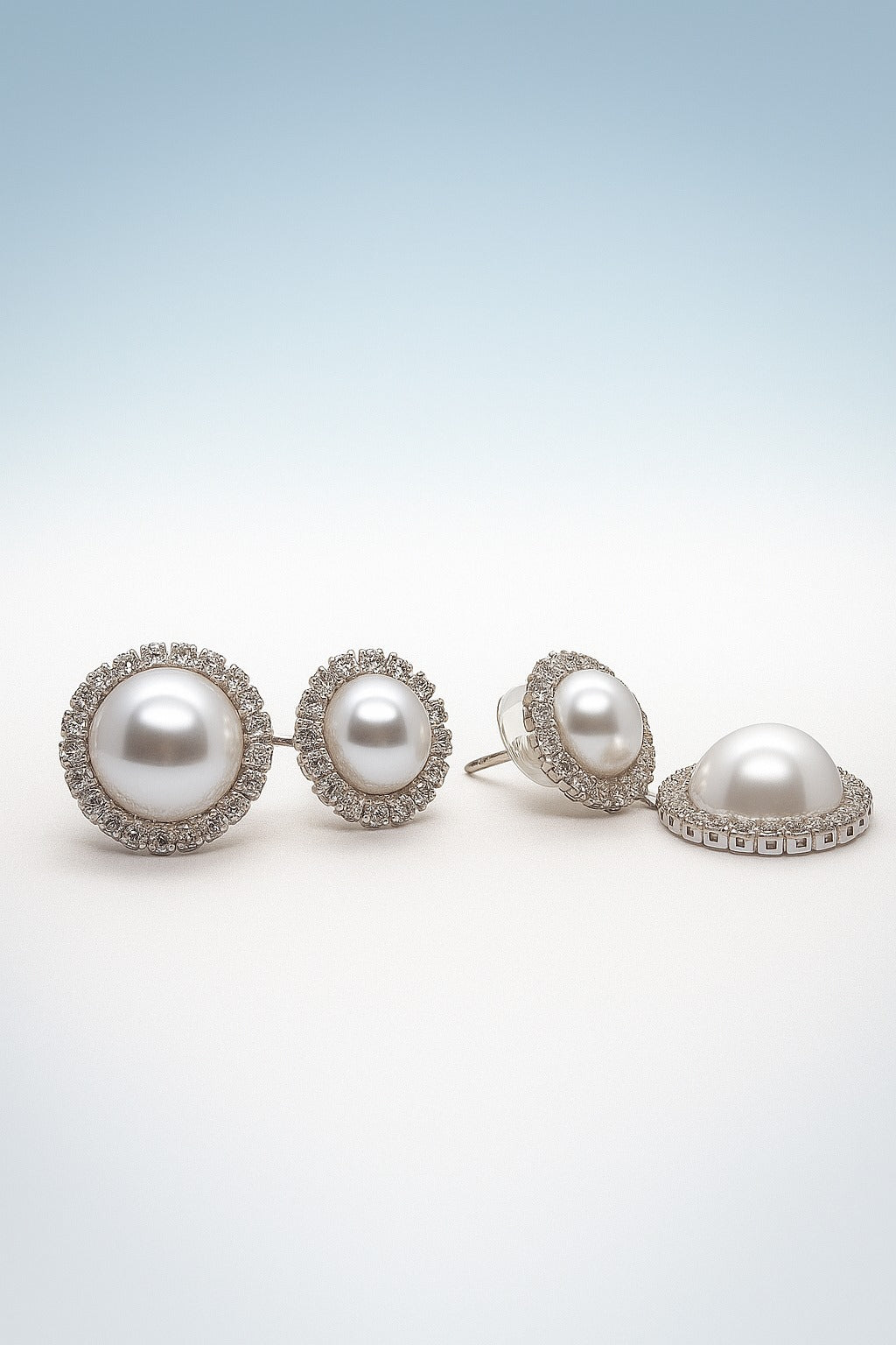 Elegant Pearl & Diamond Halo Stud Earrings – Luxury Bridal & Evening Jewelry