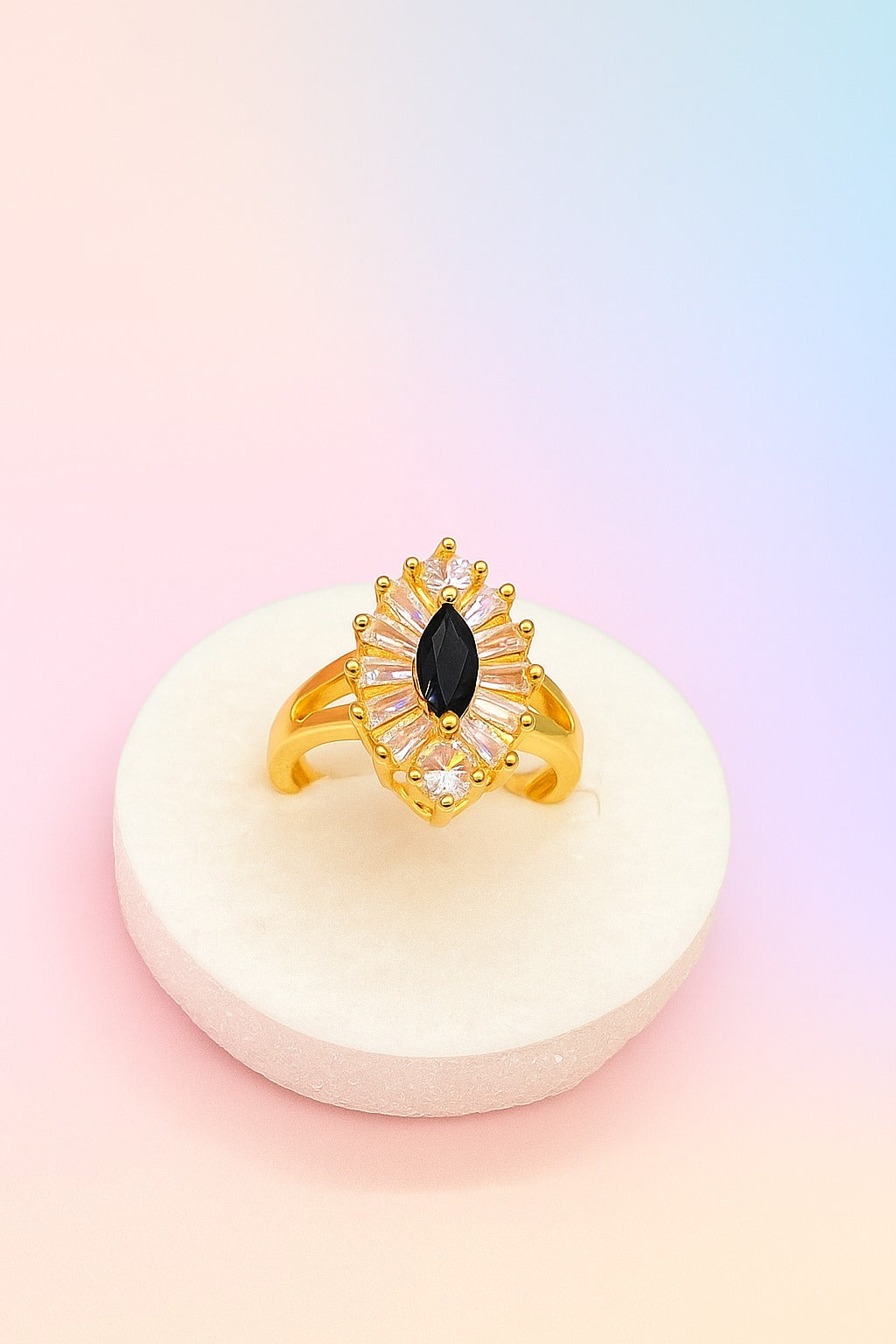 "Gold Plated Black Onyx & Zircon Statement Ring – Elegant Women’s Jewelry"
