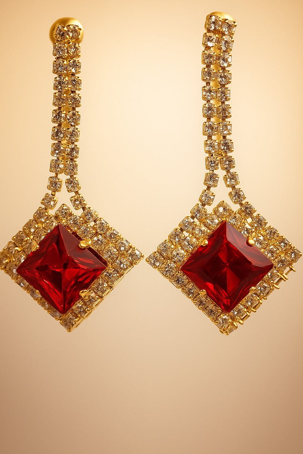 Luxury Gold-Plated Ruby Drop Earrings – Women’s Statement Jewelry with Sparkling Crystals