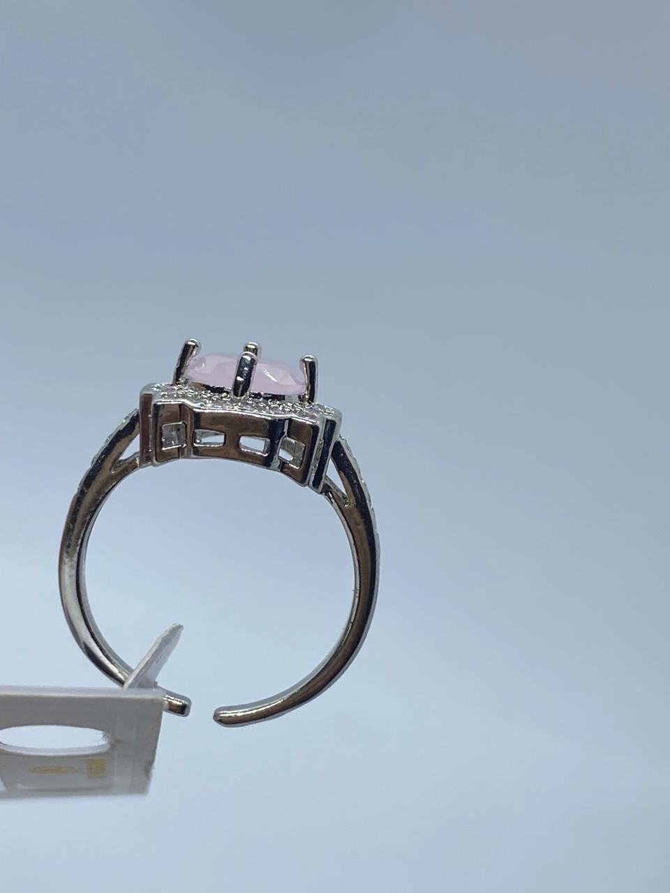 Elegant Rose Quartz & Zircon Silver Adjustable Ring – Timeless Floral Design